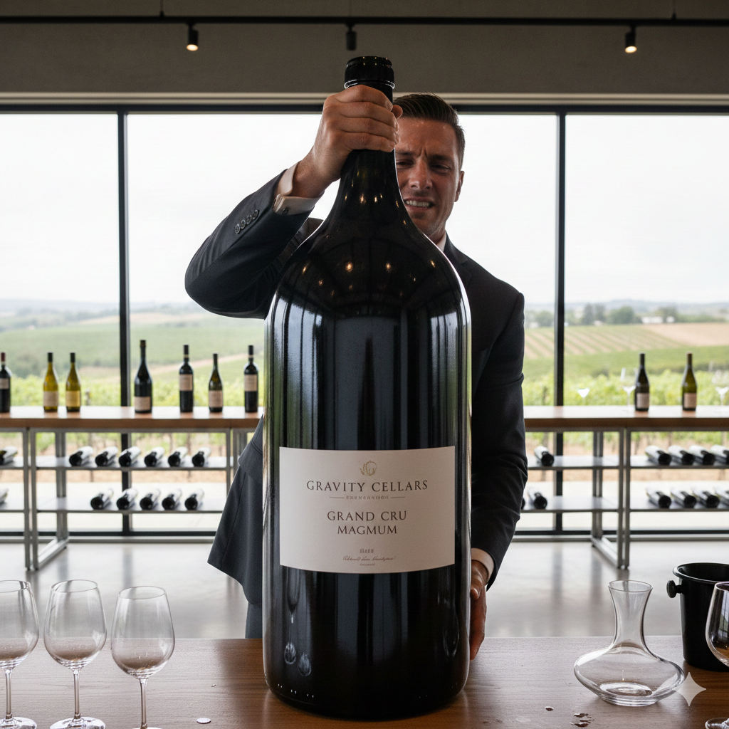 Man holding a large, heavyweight glass bottle inside a tasting room